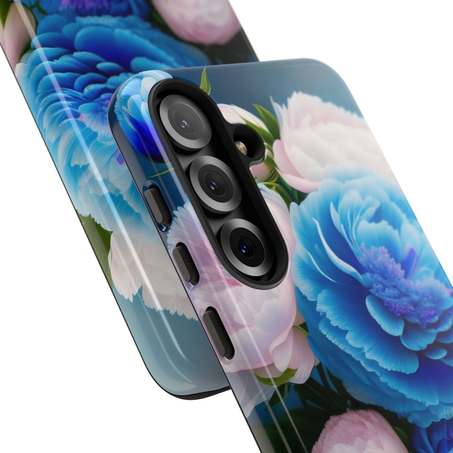 Floral Blue Peony Phone Case — Protective Tough Case with Pink & Blue Blooms