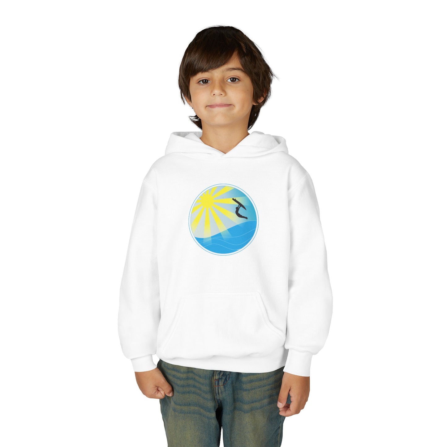Sunrise Surf Circle Youth Hoodie | Surfing Wave Graphic