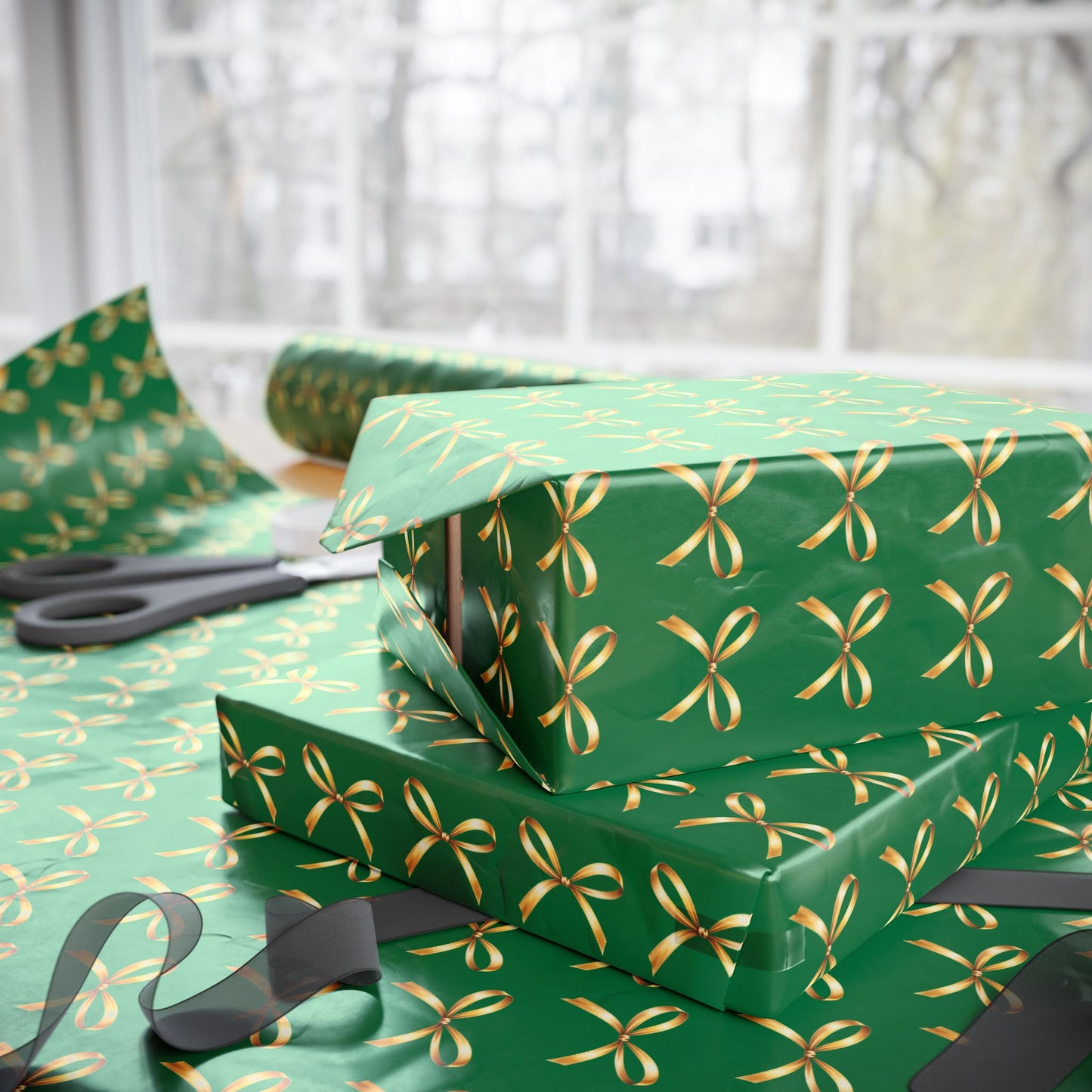 Holiday Green Wrapping Paper Roll — Gold Bow Pattern