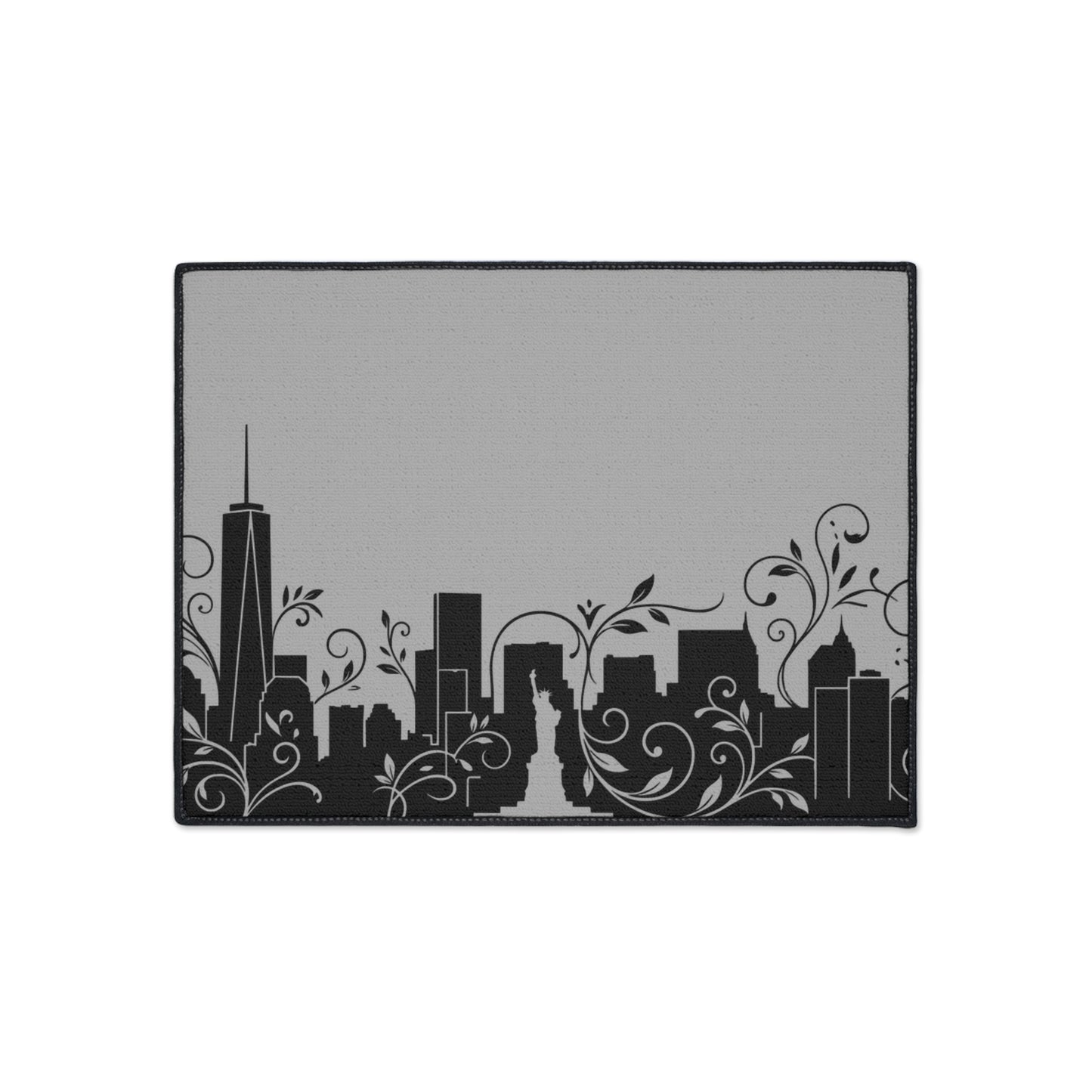 City Skyline Heavy-Duty Floor Mat — Black Urban Floral Door Rug