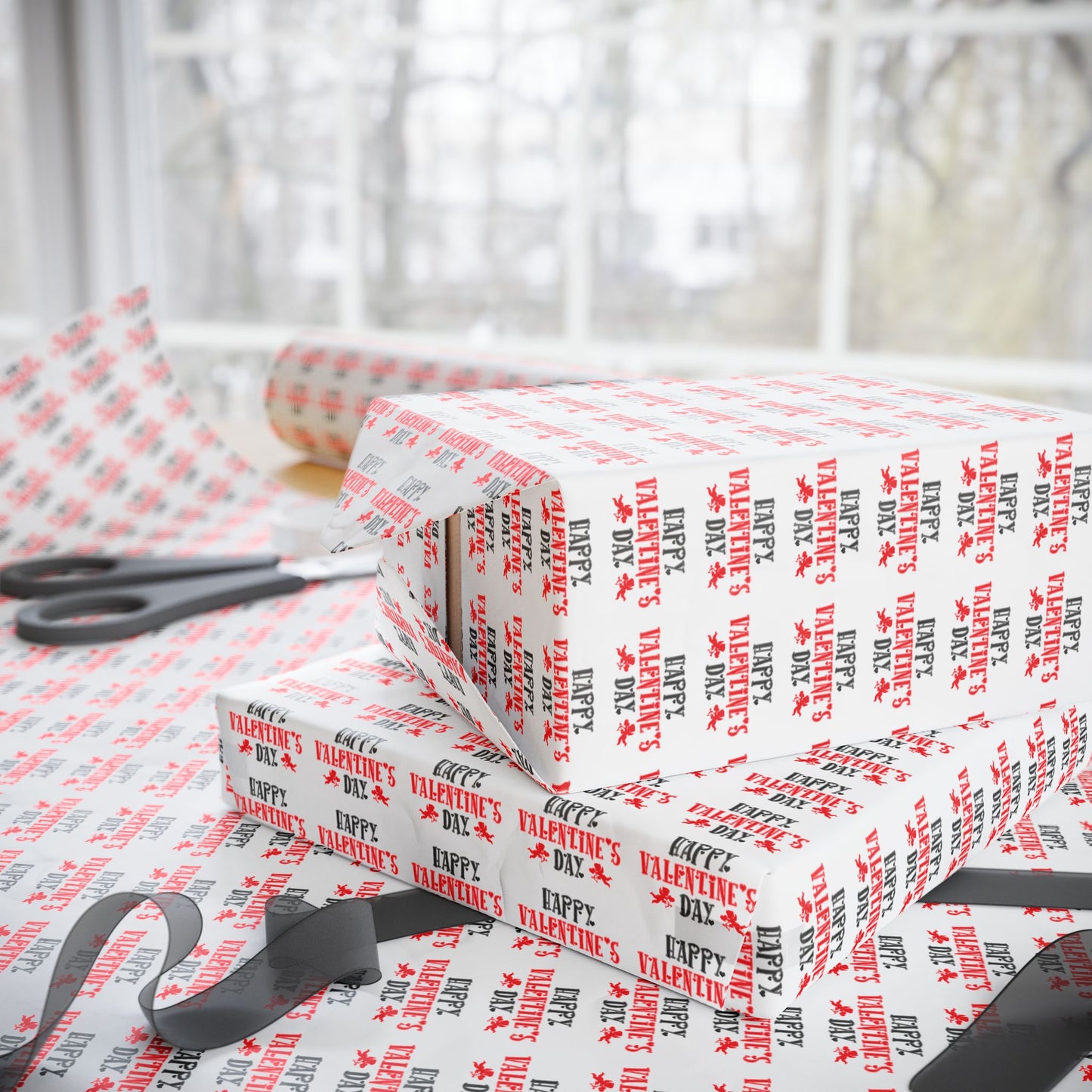 Wrapping Paper Roll — Festive "Happy Valentine's Day" Red & Black Pattern