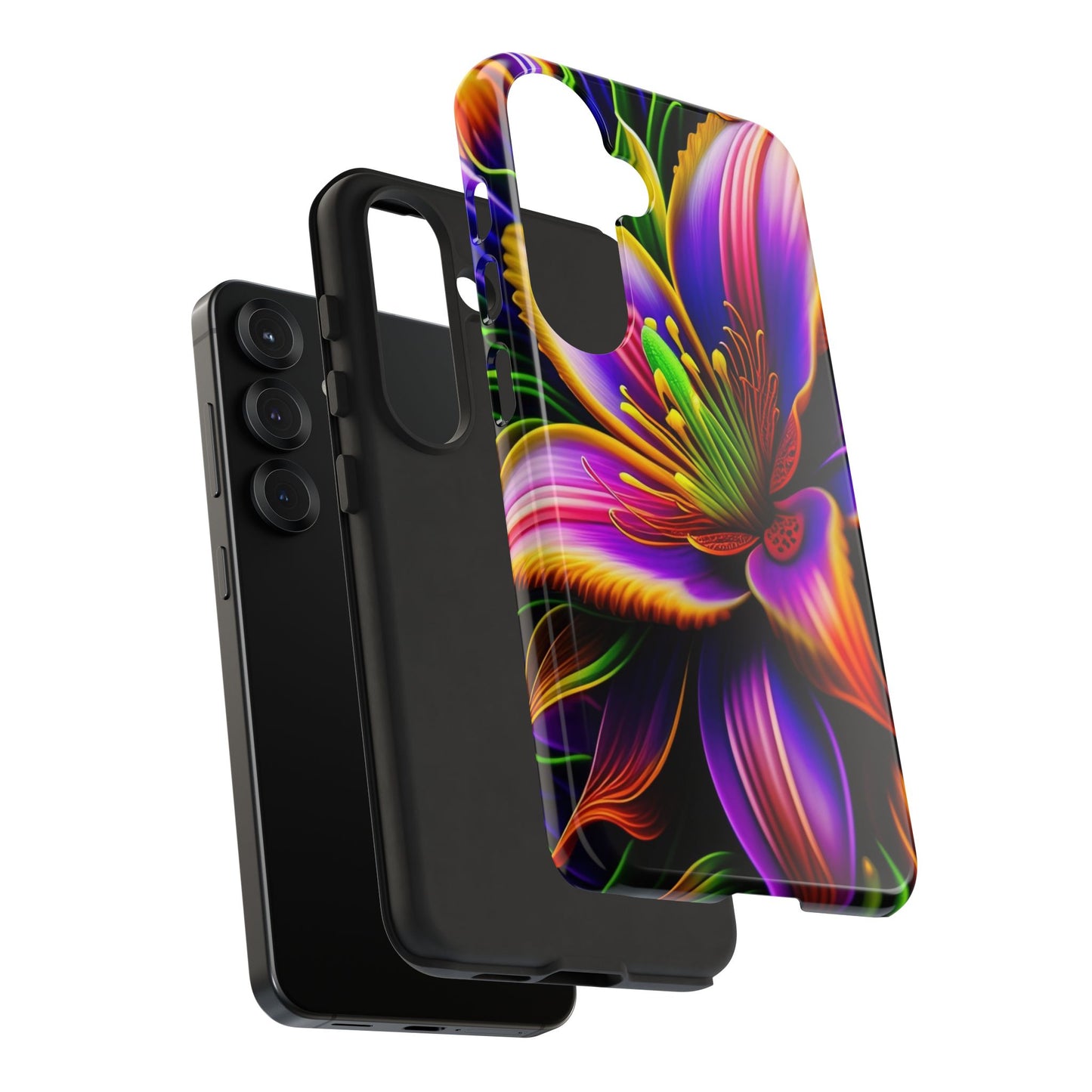 Floral Neon Tough Phone Case — Vivid Purple & Orange Lily Protective Cover