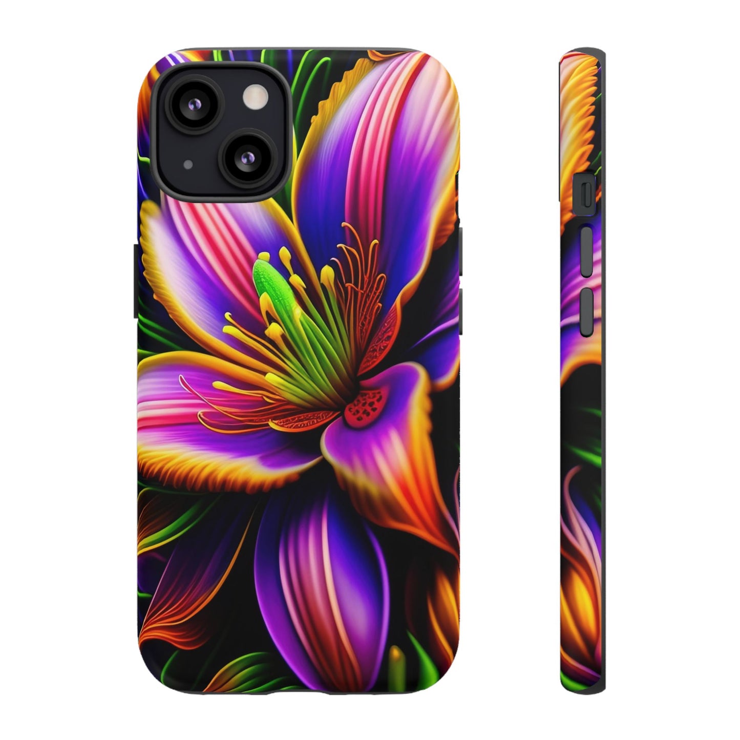 Floral Neon Tough Phone Case — Vivid Purple & Orange Lily Protective Cover