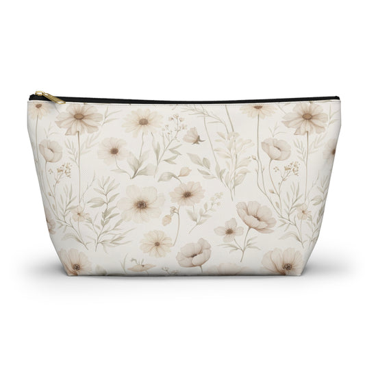 Floral Toile Accessory Pouch — Neutral Vintage Flower Cosmetic Bag