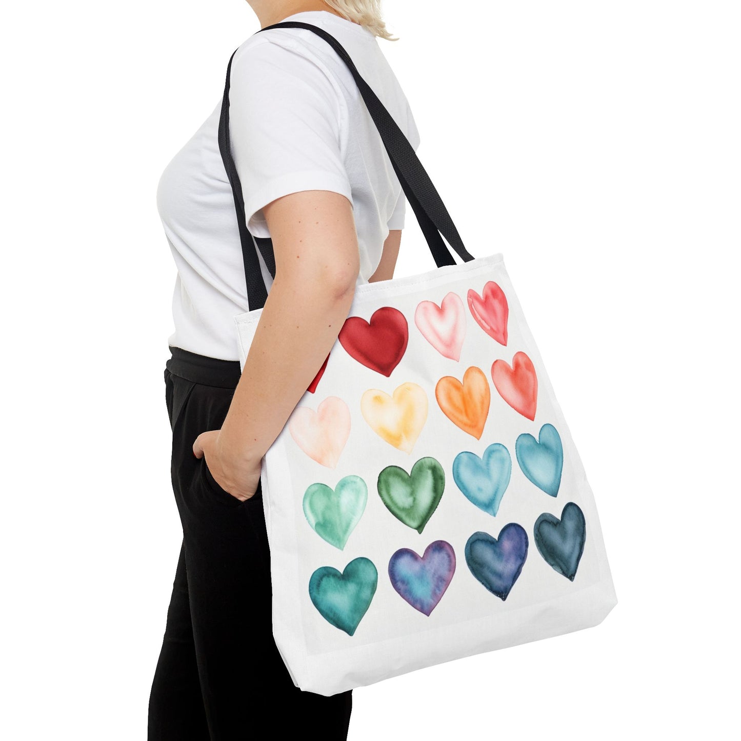Watercolor Rainbow Hearts Tote Bag — Colorful Heart Pattern Beach & Market Tote