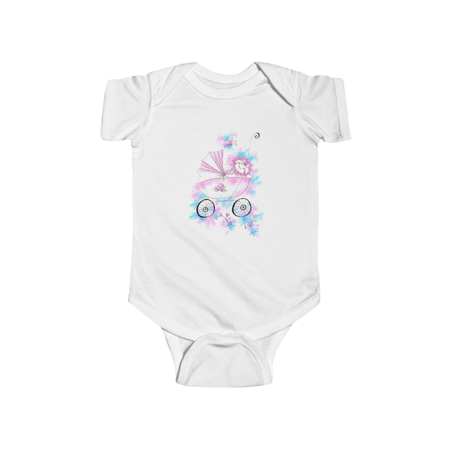 Whimsical Baby Bodysuit with Floral Pram Design, Newborn Gift, Infant Clothing