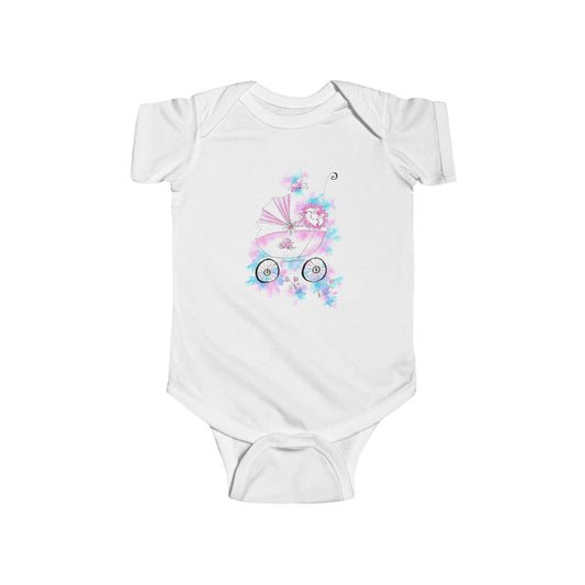 Whimsical Baby Bodysuit with Floral Pram Design, Newborn Gift, Infant Clothing