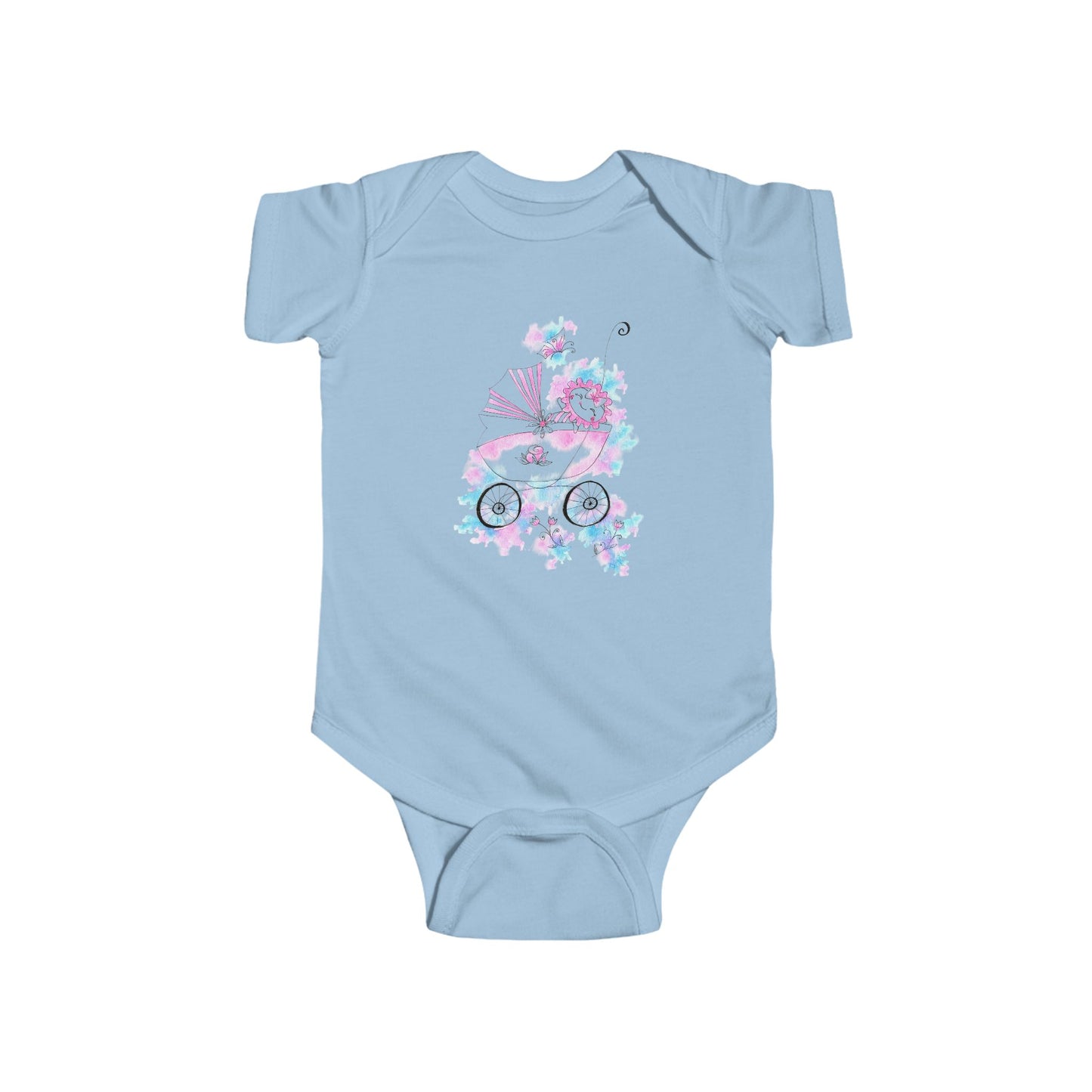 Whimsical Baby Bodysuit with Floral Pram Design, Newborn Gift, Infant Clothing