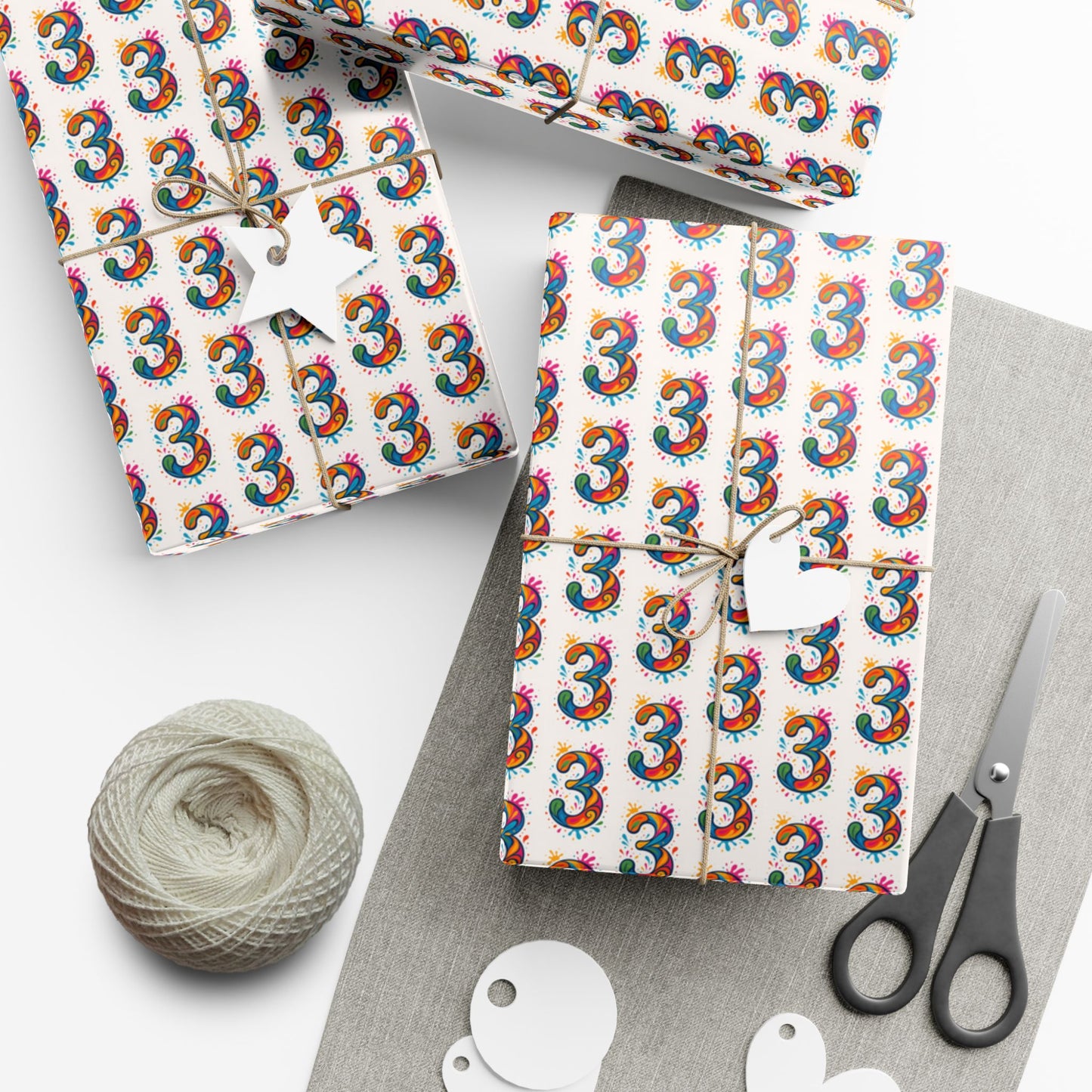 Number 3 Rainbow Pattern Gift Wrap Paper — Birthday Wrapping Sheets for 3rd Birthday Celebrations