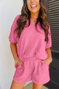 Pink Textured V Neck T Shirt and Shorts Set