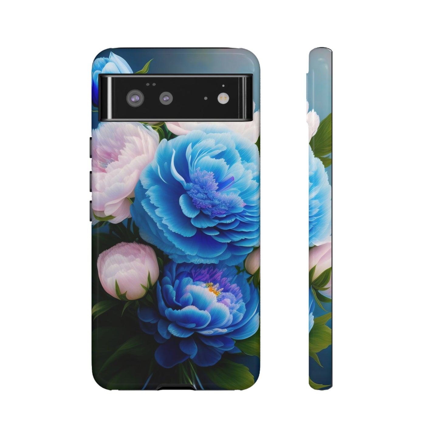 Floral Blue Peony Phone Case — Protective Tough Case with Pink & Blue Blooms