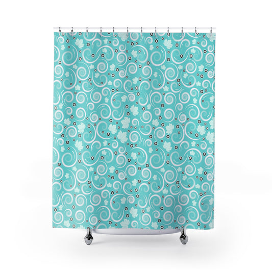 Turquoise Swirl Floral Shower Curtain — Retro Whimsical Bathroom Decor
