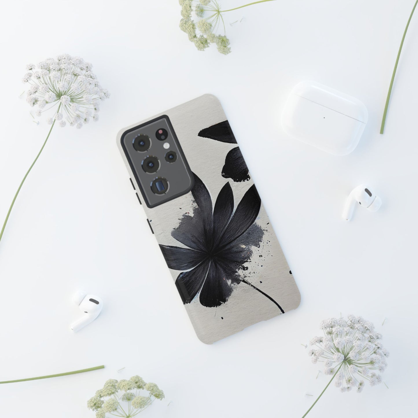 Monochrome Floral Tough Phone Case — Black Ink Flower Protective Cover