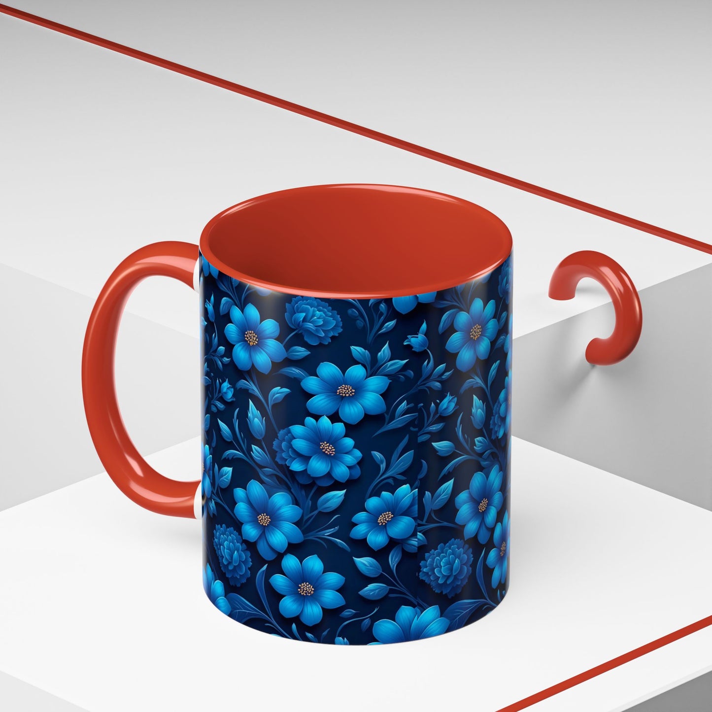 Floral Accent Coffee Mug, Blue Flower Mug, Ceramic Coffee Cup, Gift for Her, Nature-Themed Drinkware, Floral Home Decor, Unique Mug