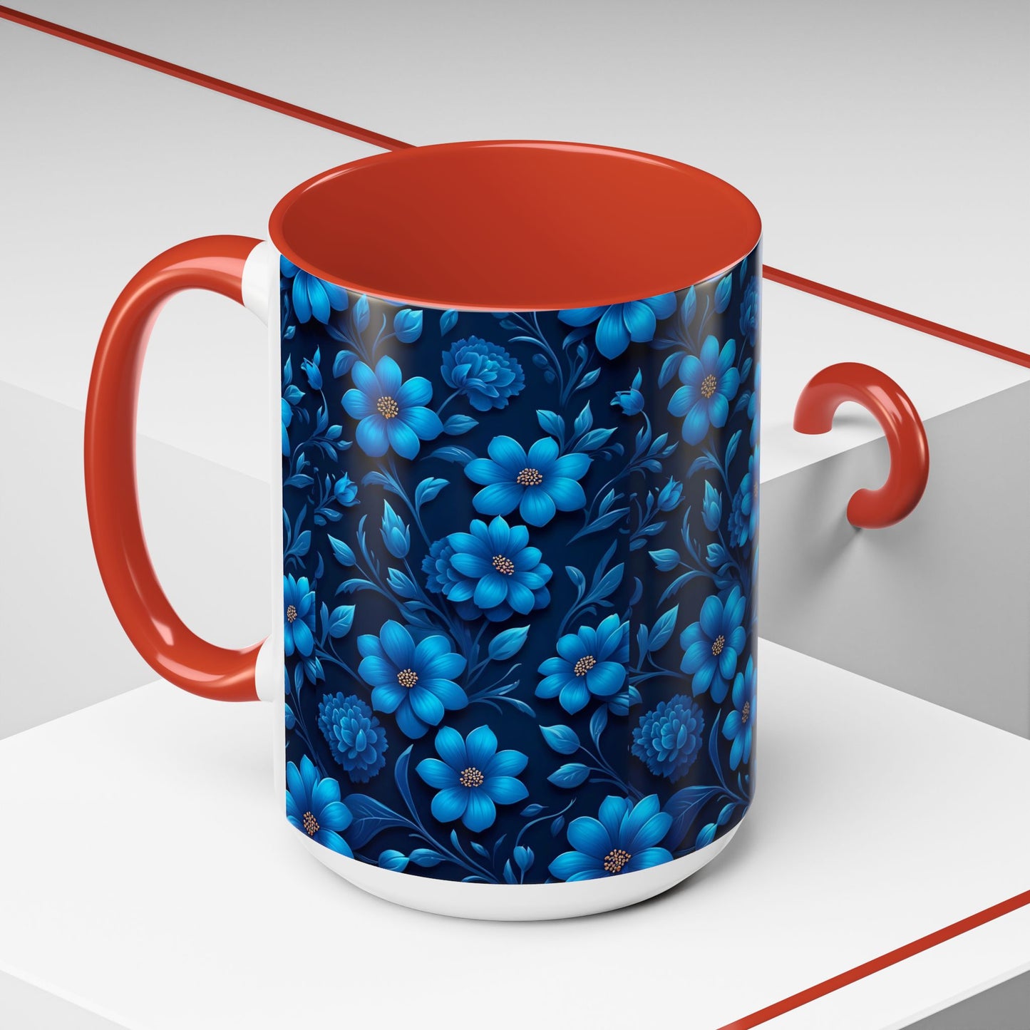 Floral Accent Coffee Mug, Blue Flower Mug, Ceramic Coffee Cup, Gift for Her, Nature-Themed Drinkware, Floral Home Decor, Unique Mug