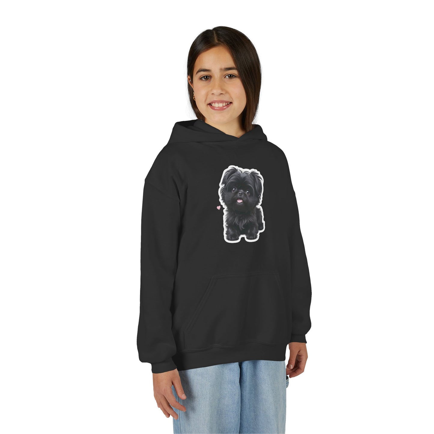 Youth Hoodie — Cute Black Shih Tzu with “Love Has Four Paws” Back Print