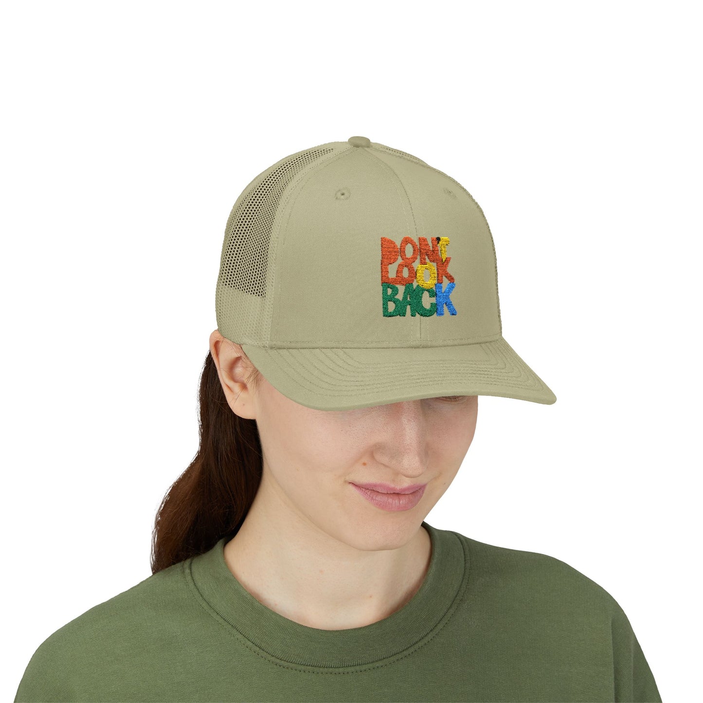 Don’t Look Back Snapback Trucker Cap — Retro Rainbow Embroidered Hat