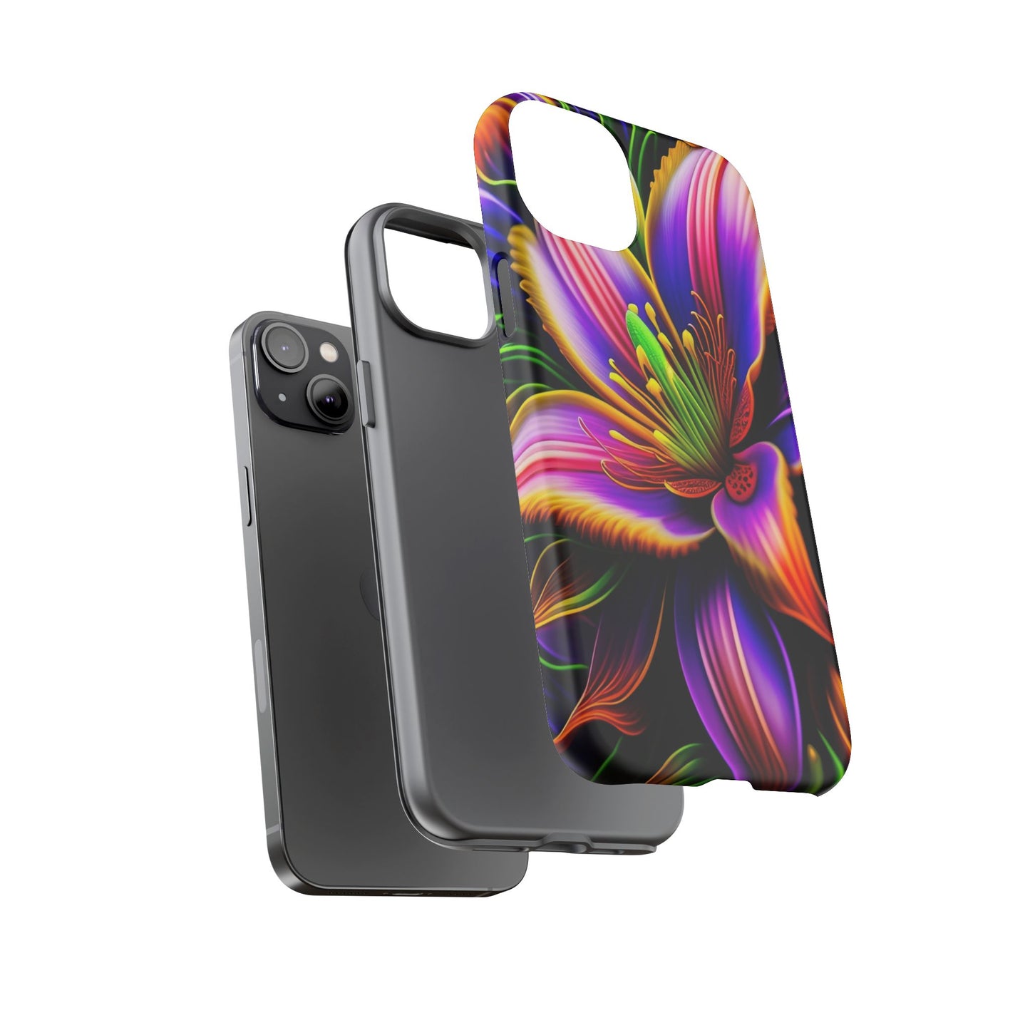 Floral Neon Tough Phone Case — Vivid Purple & Orange Lily Protective Cover