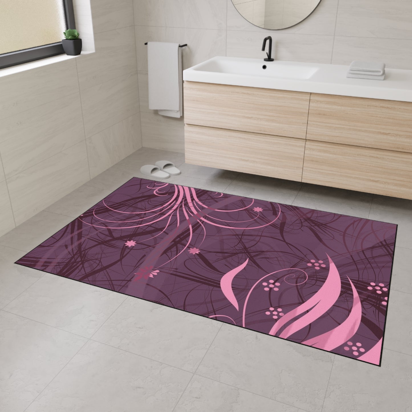 Floral Swirl Heavy-Duty Floor Mat — Pink Abstract Entry Rug