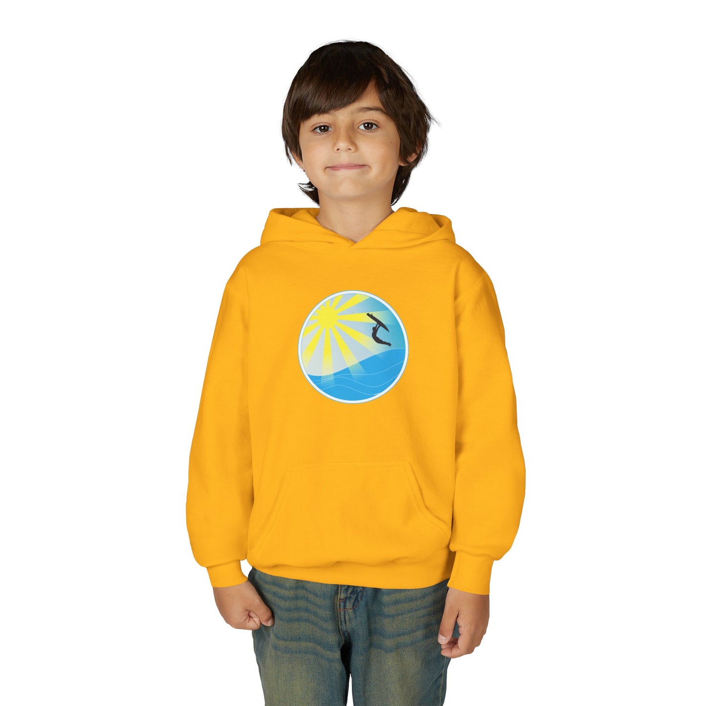 Sunrise Surf Circle Youth Hoodie | Surfing Wave Graphic