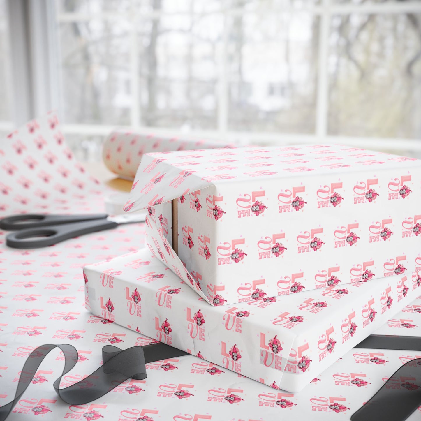 Wrapping Paper Roll — Pink Floral “Love” Pattern Gift Wrap for Valentine’s Day & Weddings