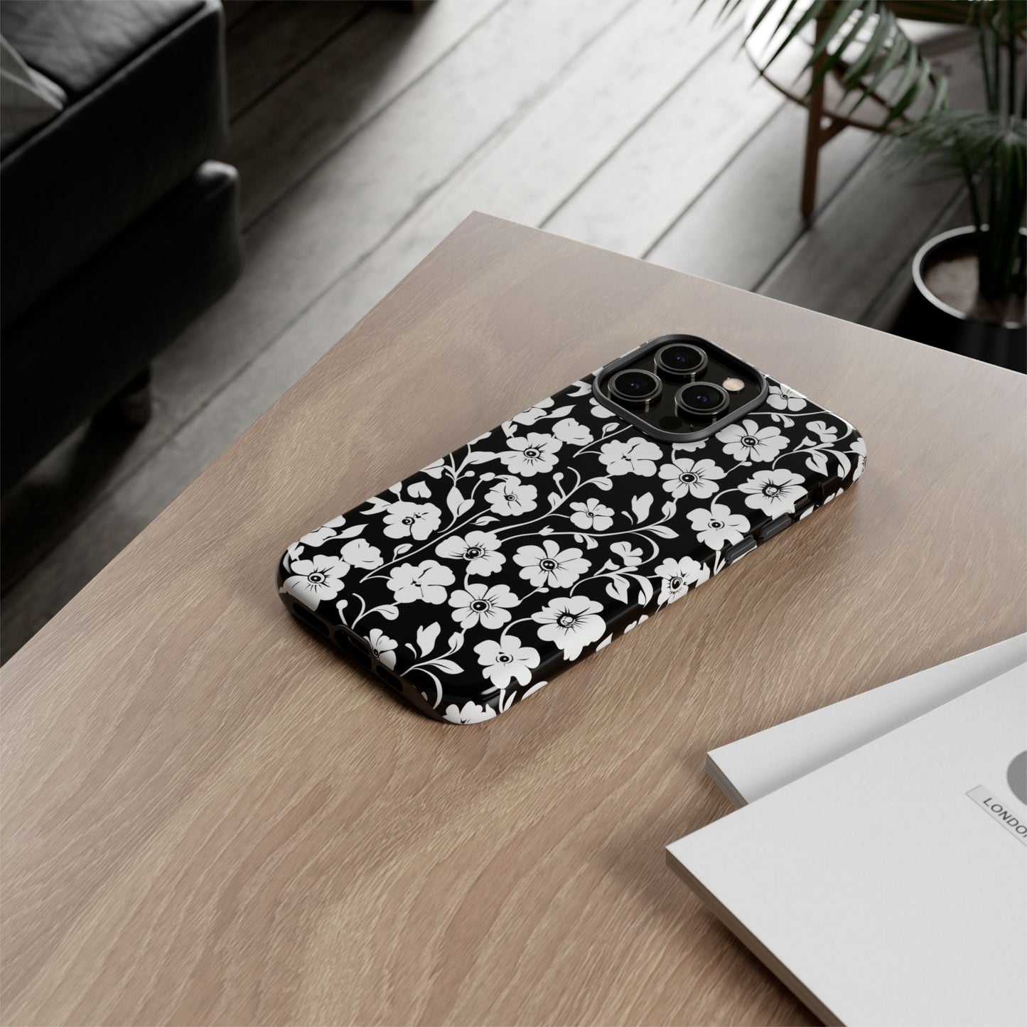 Floral Noir Tough Phone Case — Black & White Flower Protective Cover