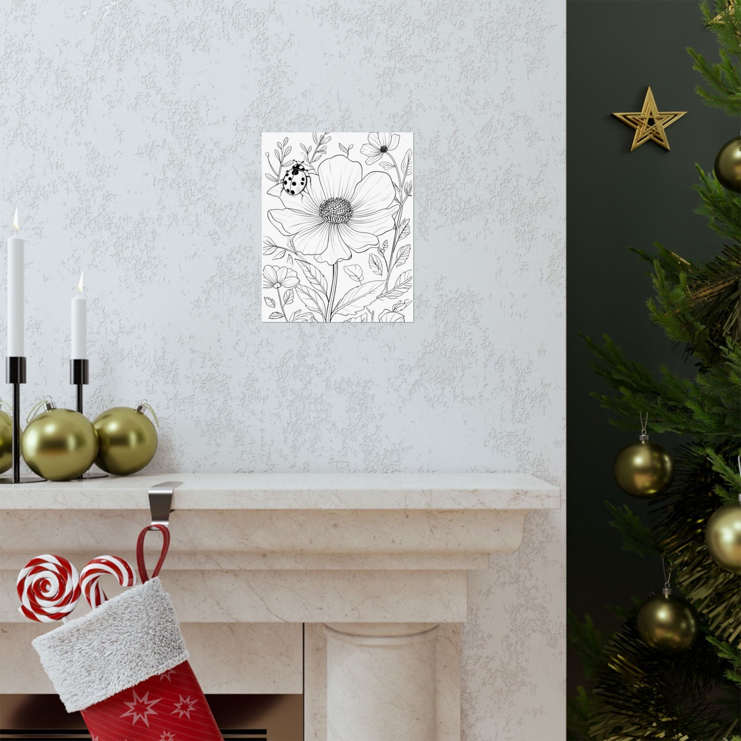 Botanical Ladybug Matte Poster — Floral Line Art Vertical Wall Print