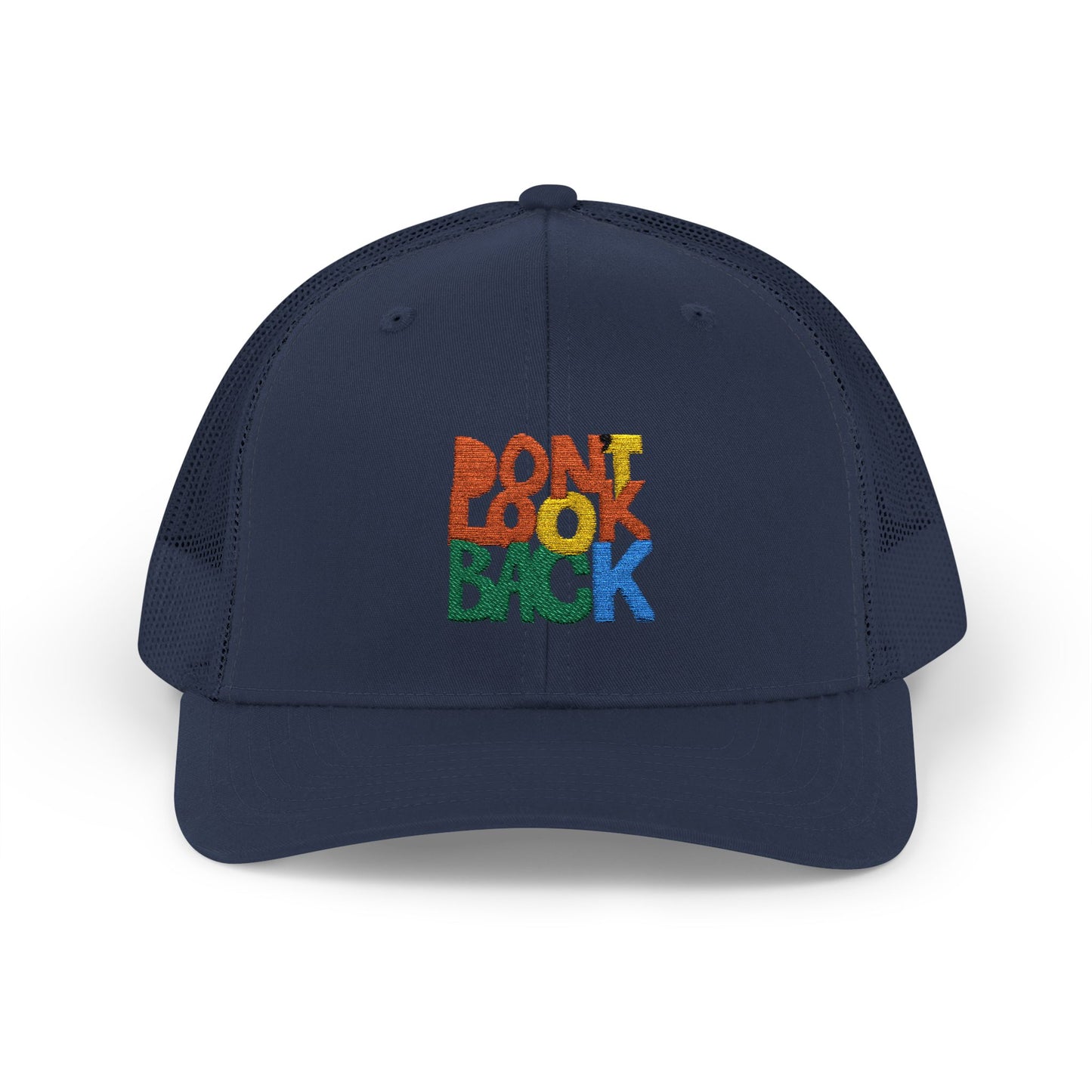 Don’t Look Back Snapback Trucker Cap — Retro Rainbow Embroidered Hat