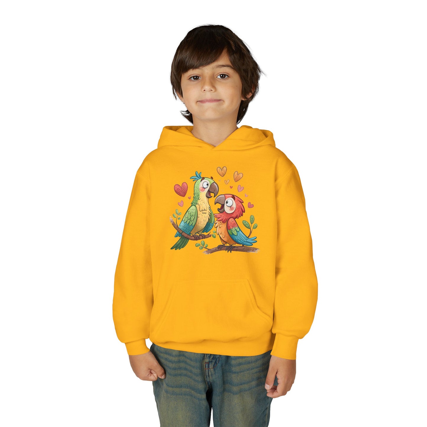Youth Hoodie — Cute Parrot Couple Illustration (Hearts, Kids Pullover)