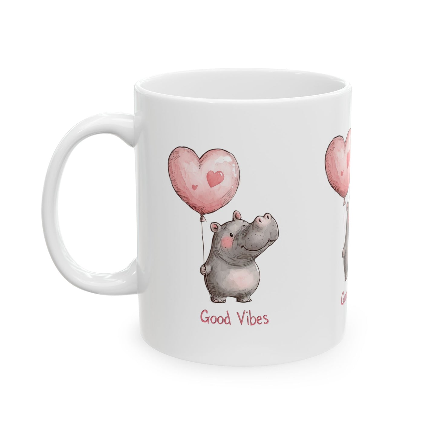 Cute Hippo Good Vibes Ceramic Mug, Gift for Animal Lovers, Positive Quote Coffee Cup, Birthday Present, Valentine's Day