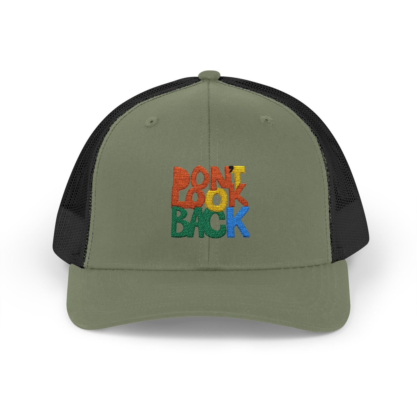 Don’t Look Back Snapback Trucker Cap — Retro Rainbow Embroidered Hat