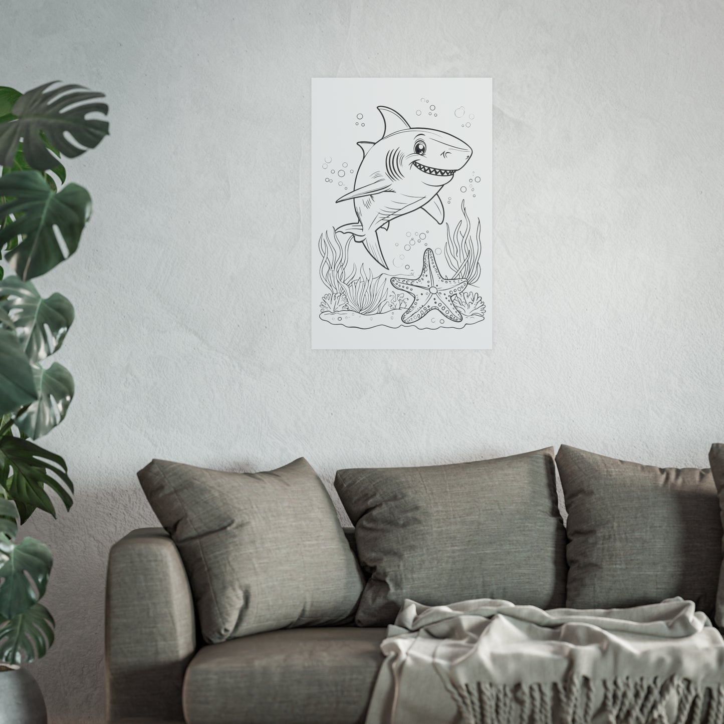 Cute Shark Coloring Poster — Satin & Archival Matte Ocean Print for Kids’ Rooms