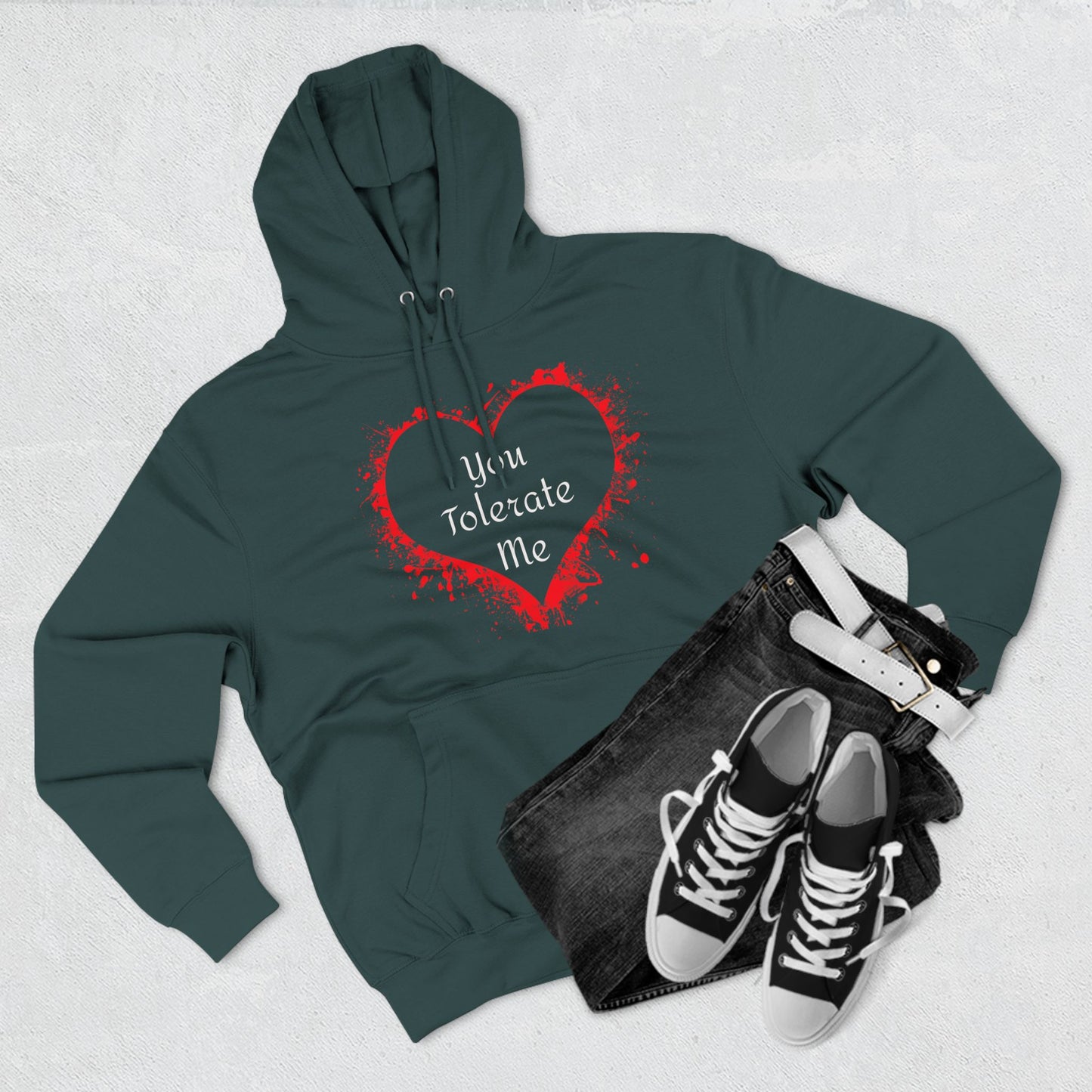 Heart Splash Hoodie — "Love Tolerate Me" Graphic Pullover