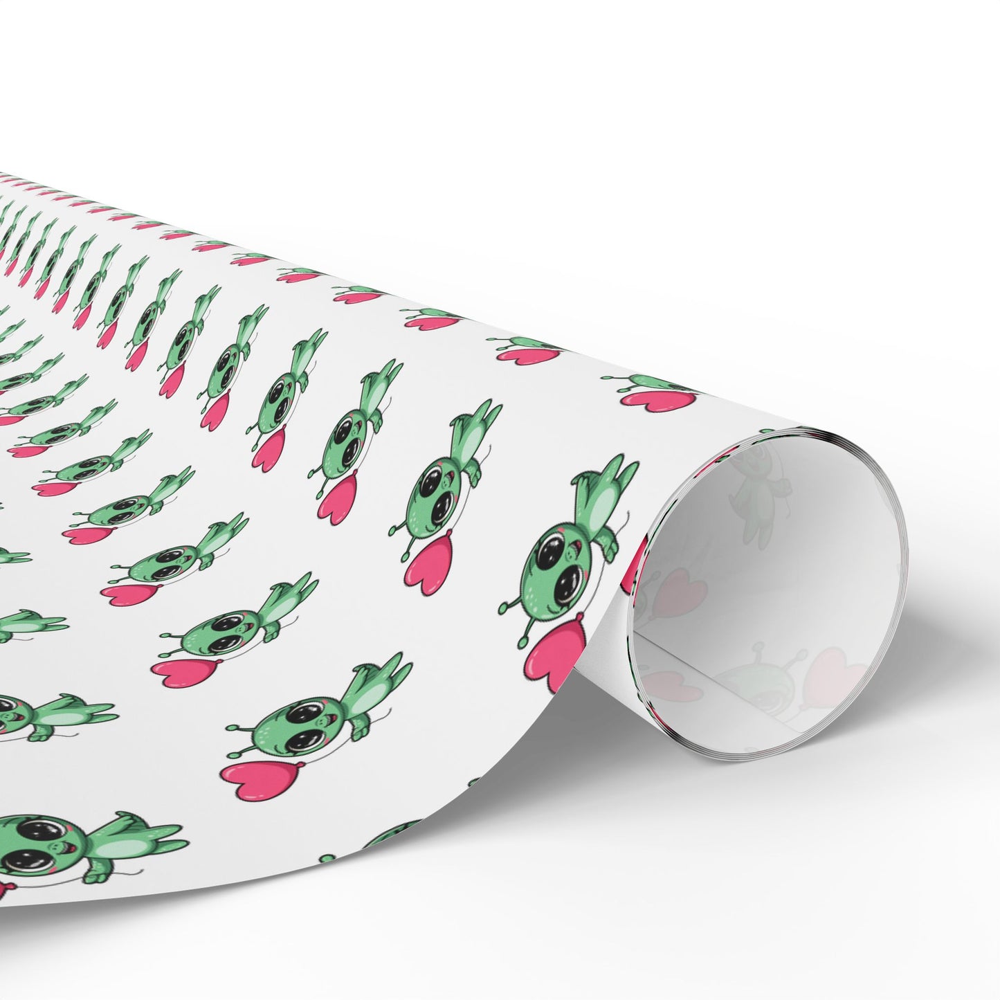Wrapping Paper – Cute Green Alien with Pink Heart Pattern, Cute Gift Wrap for Kids & Baby Showers