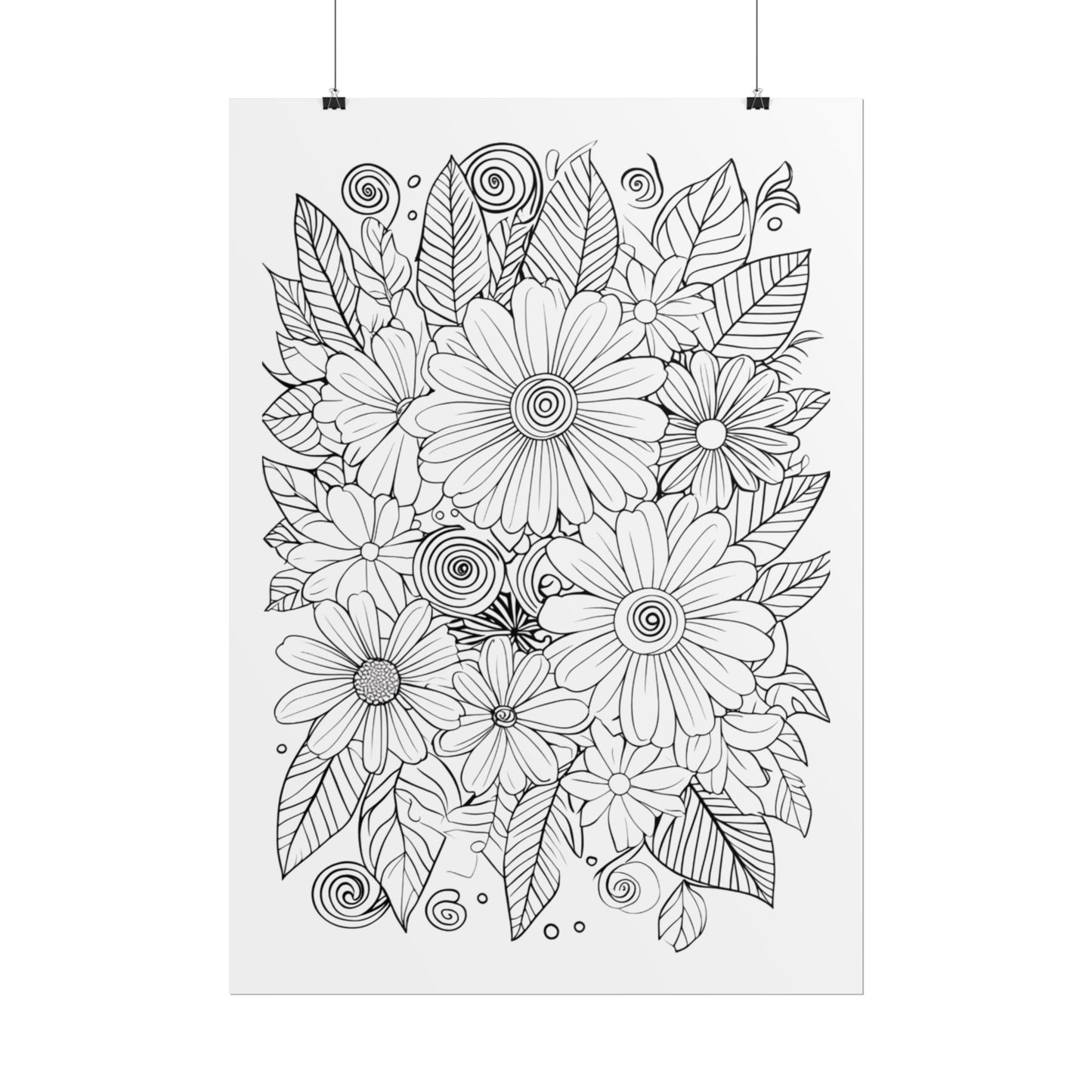 Floral Coloring Poster — Rolled Black & White Doodle Print for Adults, DIY Wall Art