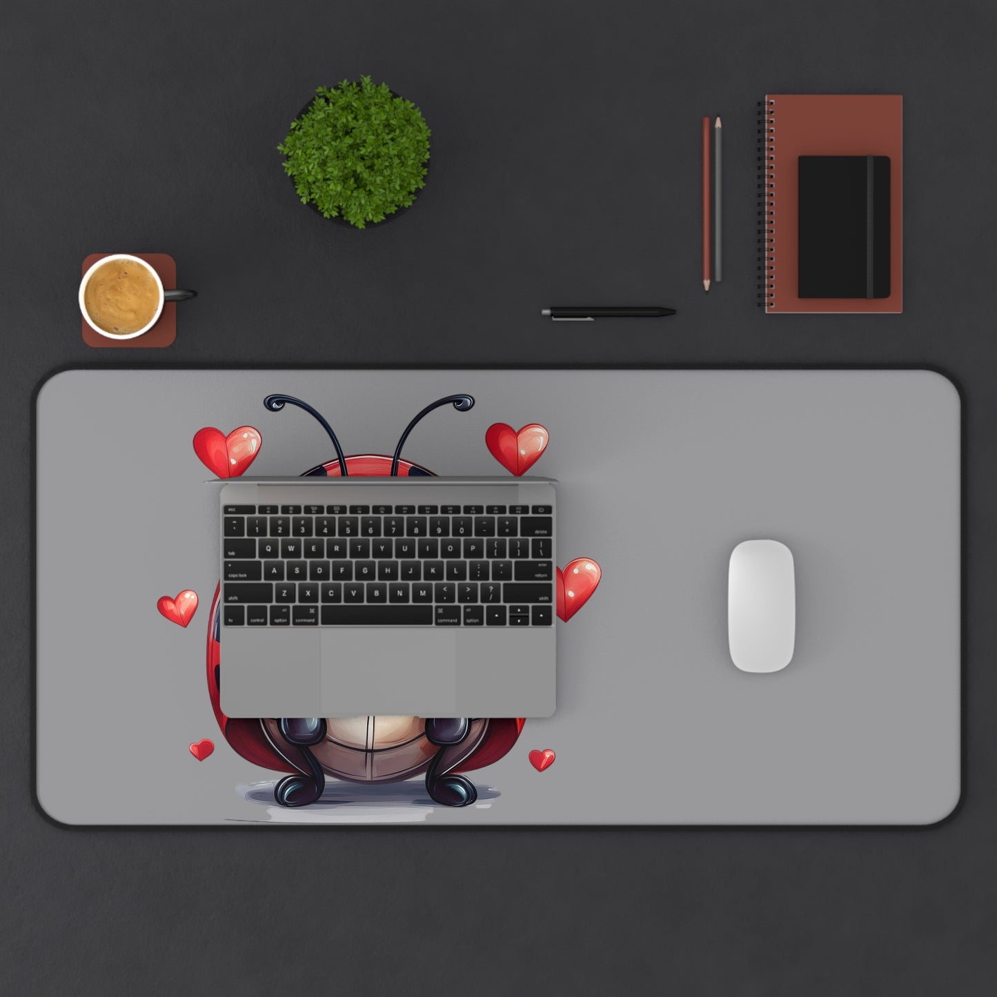 Cute Ladybug Desk Mat — Playful Mouse Pad with Heart Cartoon Design