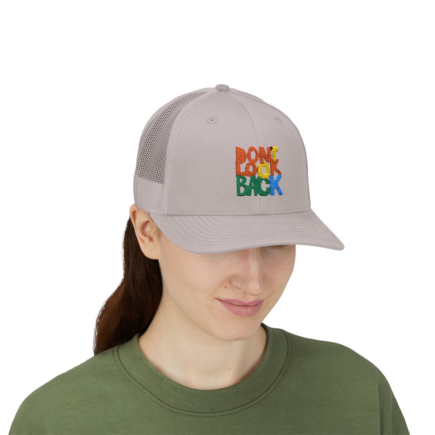 Don’t Look Back Snapback Trucker Cap — Retro Rainbow Embroidered Hat