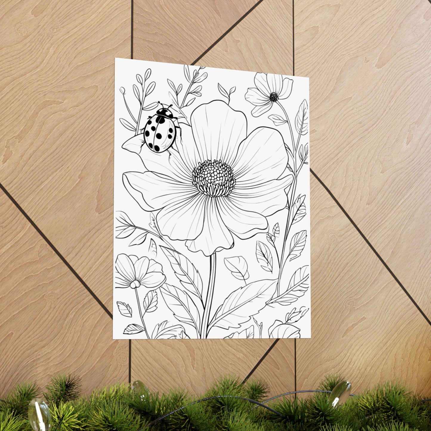 Botanical Ladybug Matte Poster — Floral Line Art Vertical Wall Print