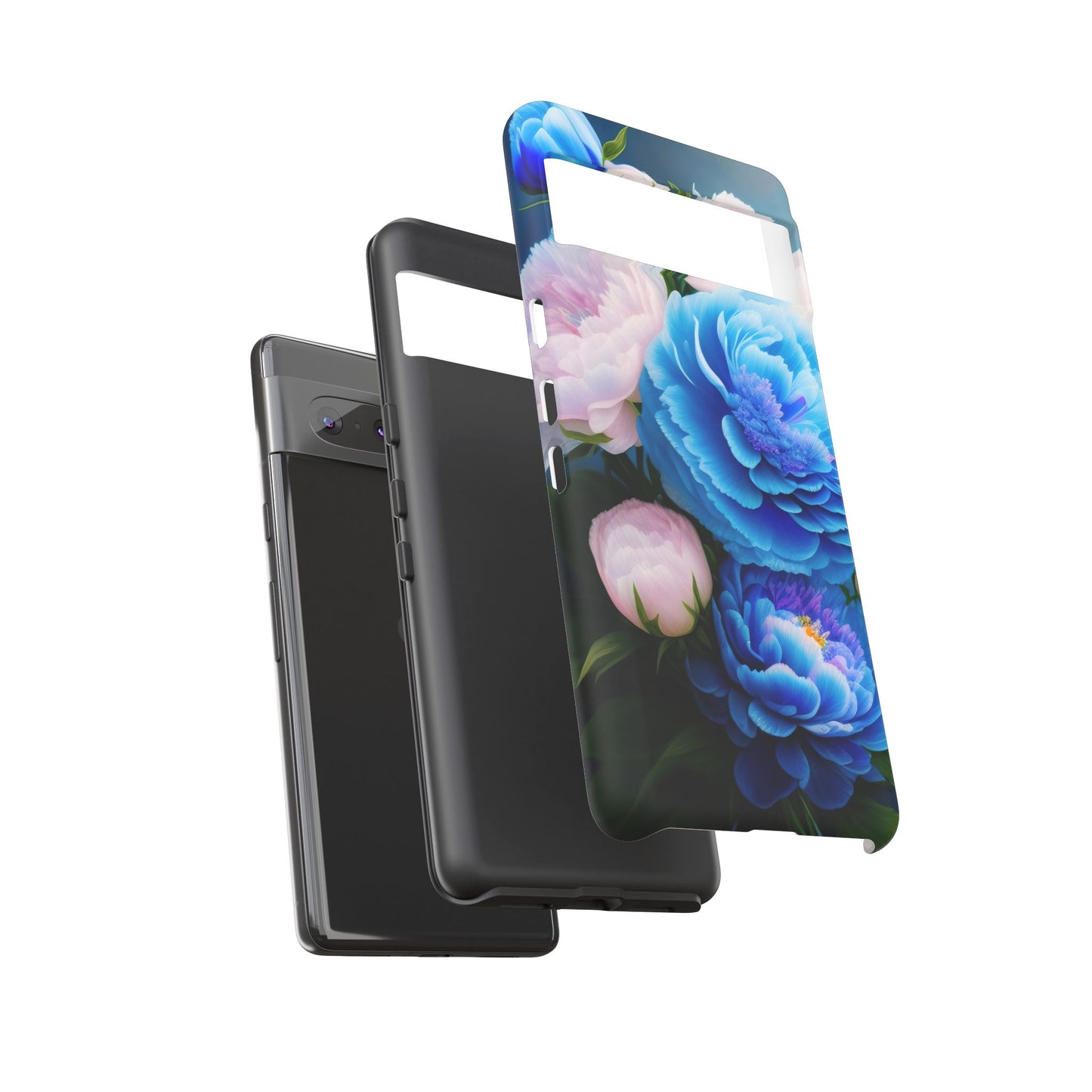 Floral Blue Peony Phone Case — Protective Tough Case with Pink & Blue Blooms