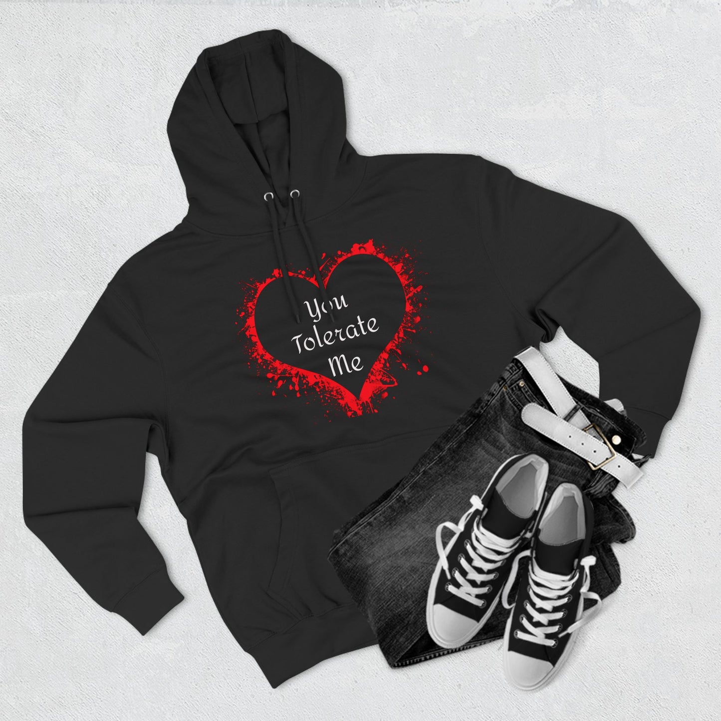 Heart Splash Hoodie — "Love Tolerate Me" Graphic Pullover