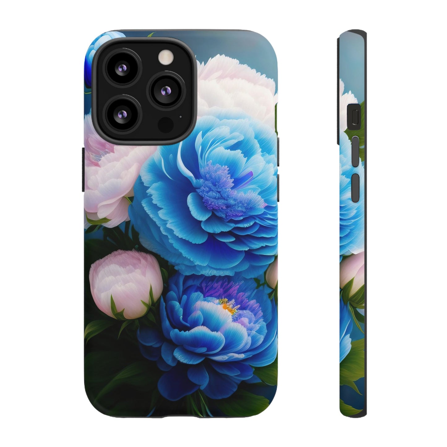 Floral Blue Peony Phone Case — Protective Tough Case with Pink & Blue Blooms