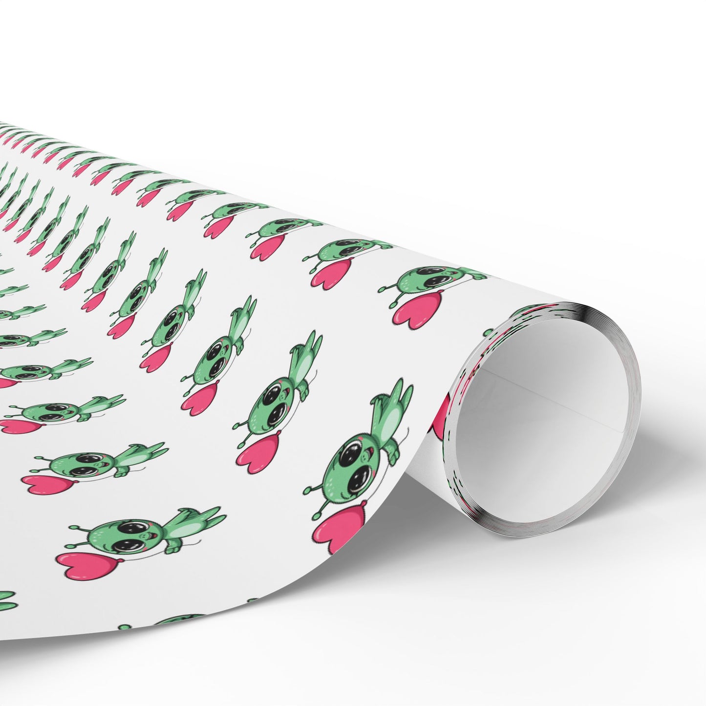 Wrapping Paper – Cute Green Alien with Pink Heart Pattern, Cute Gift Wrap for Kids & Baby Showers