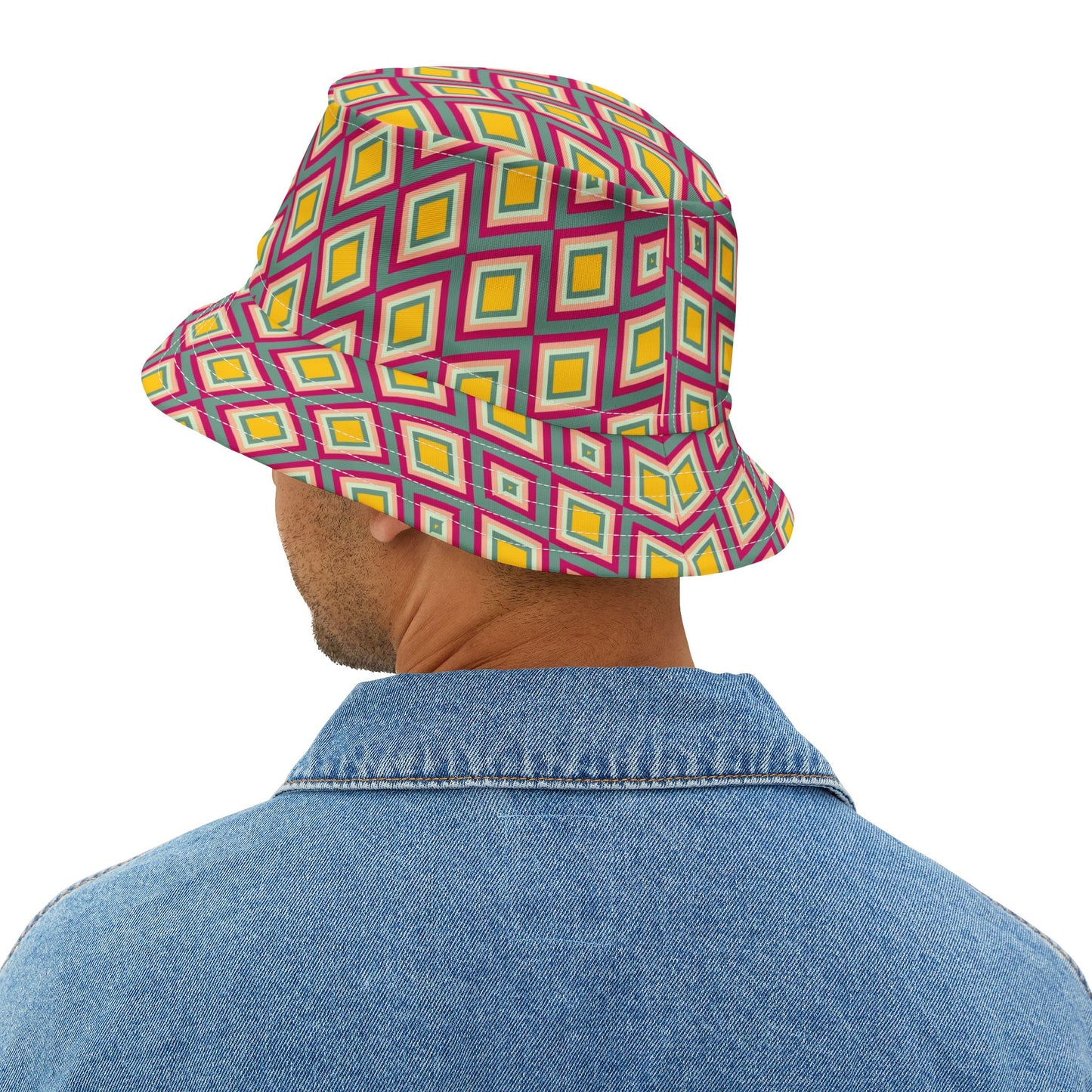 Diamond Geo Print Bucket Hat — Colorful Retro Festival Sun Hat