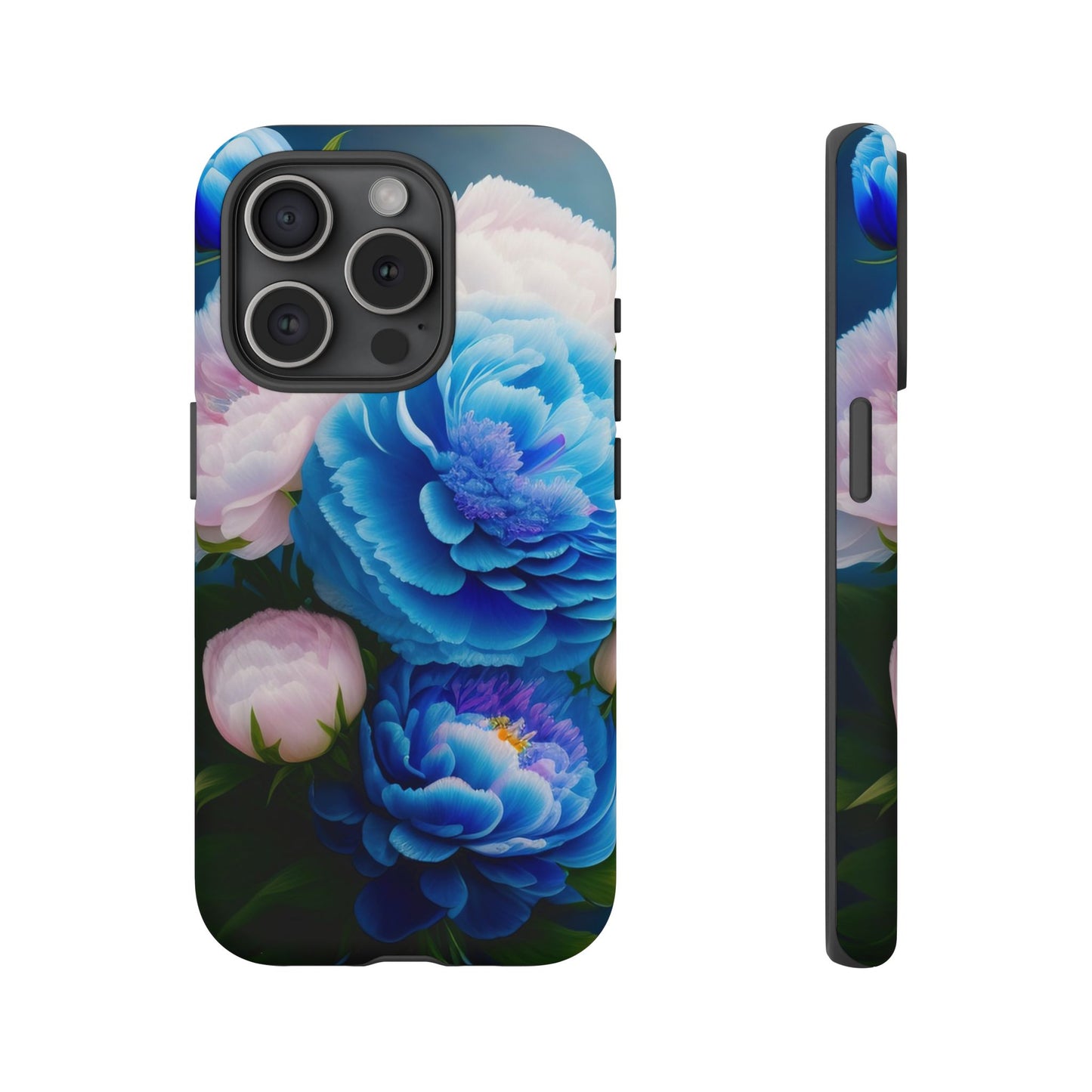 Floral Blue Peony Phone Case — Protective Tough Case with Pink & Blue Blooms