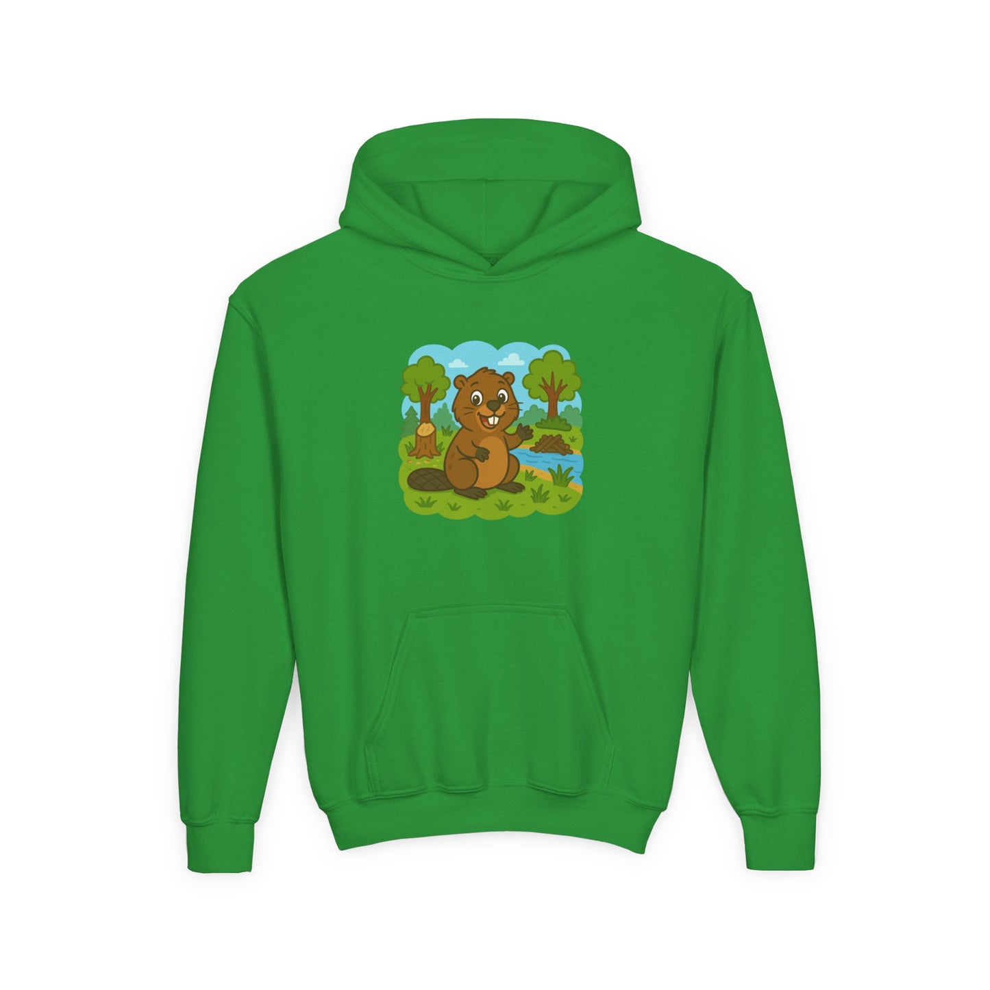 Cartoon Beaver Forest Scene Youth Hoodie | Woodland Animal Kids Sweatshirt