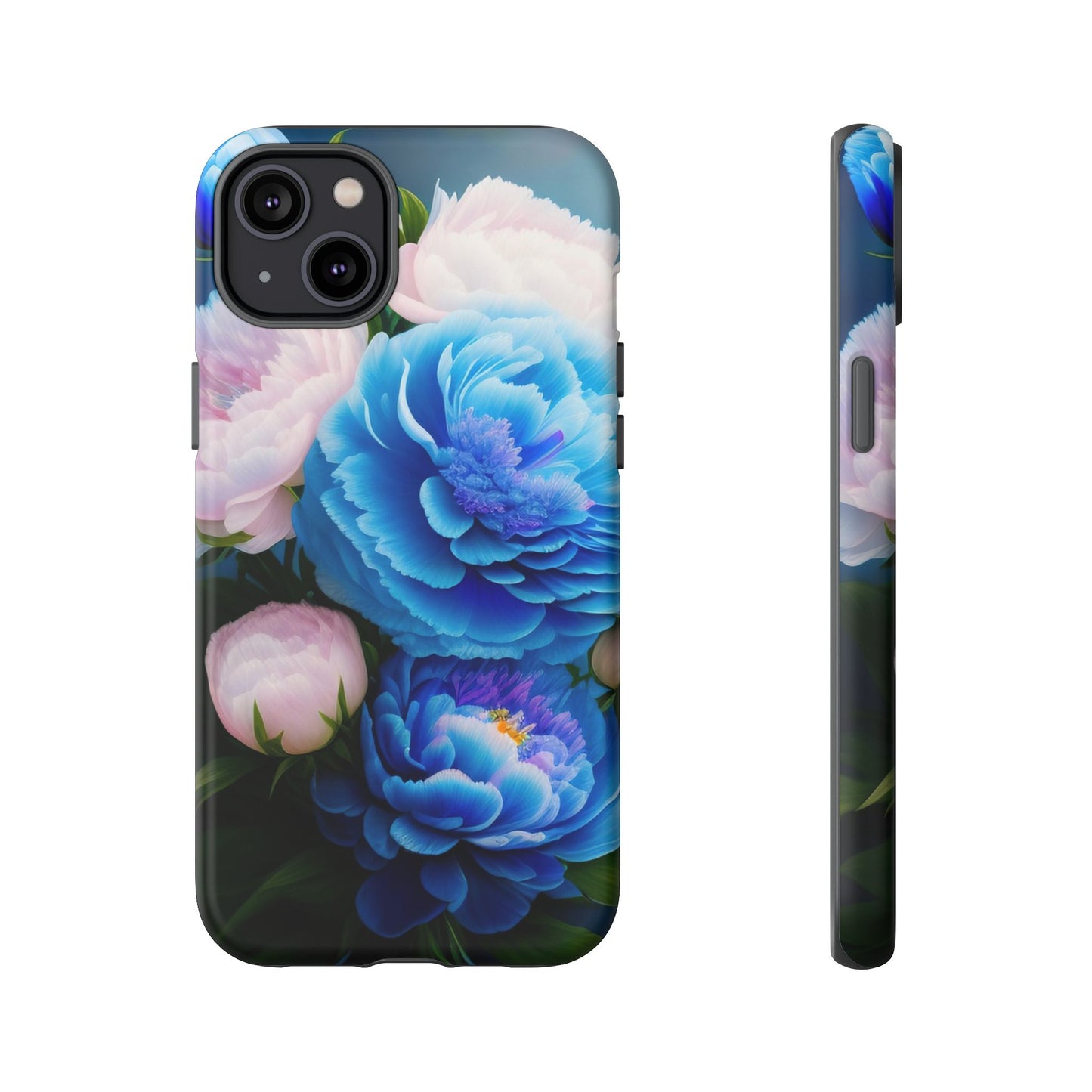 Floral Blue Peony Phone Case — Protective Tough Case with Pink & Blue Blooms