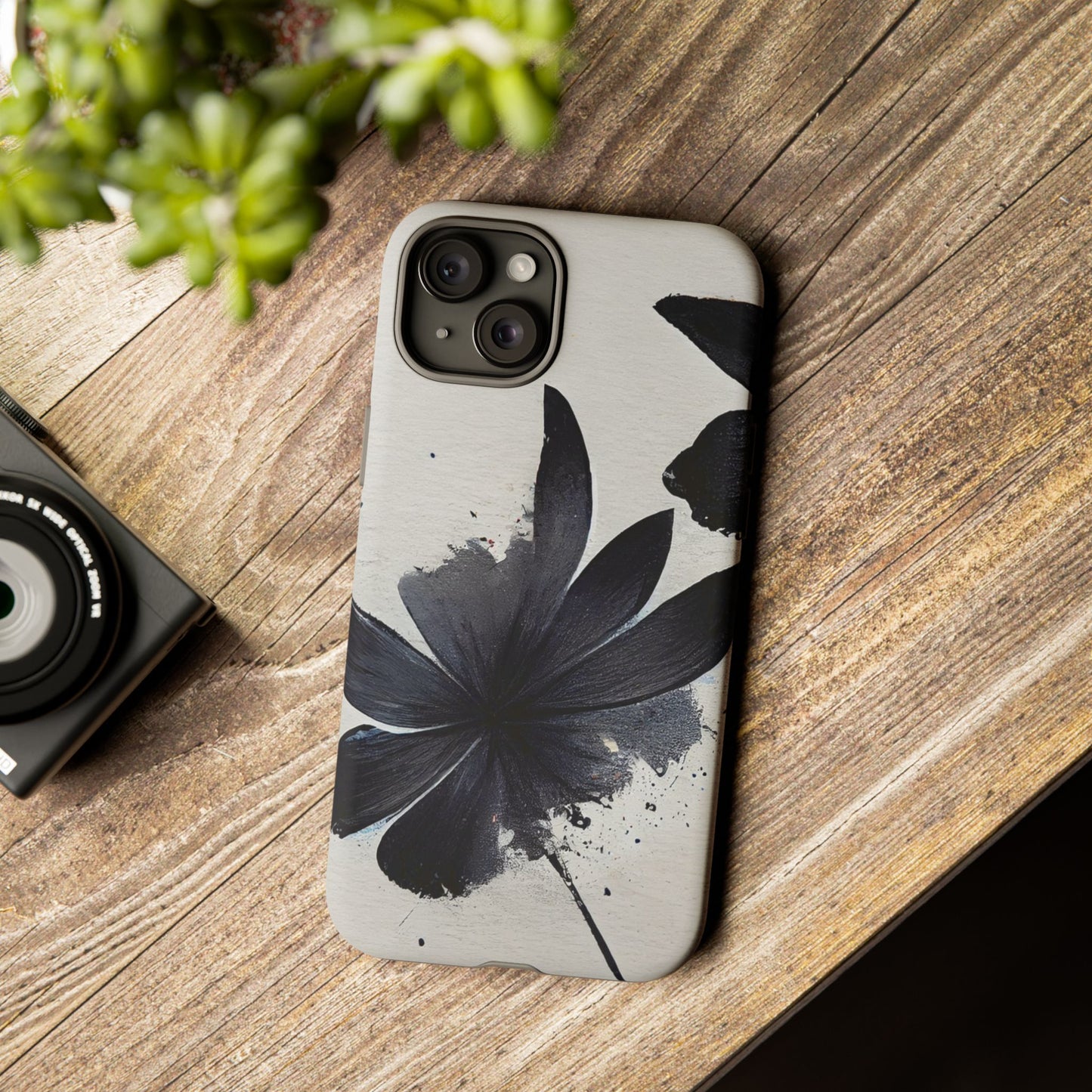 Monochrome Floral Tough Phone Case — Black Ink Flower Protective Cover