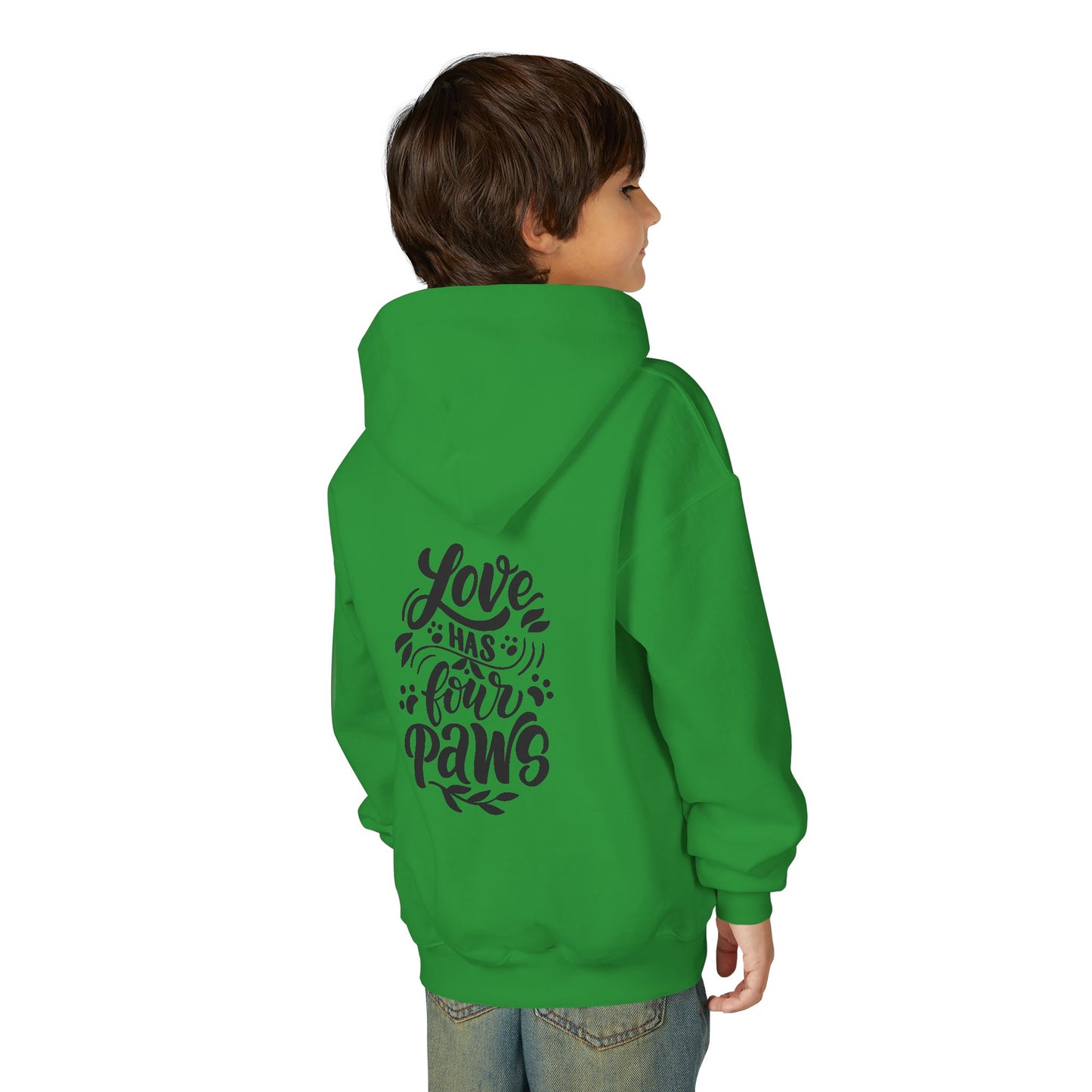Youth Hoodie — Cute Black Shih Tzu with “Love Has Four Paws” Back Print