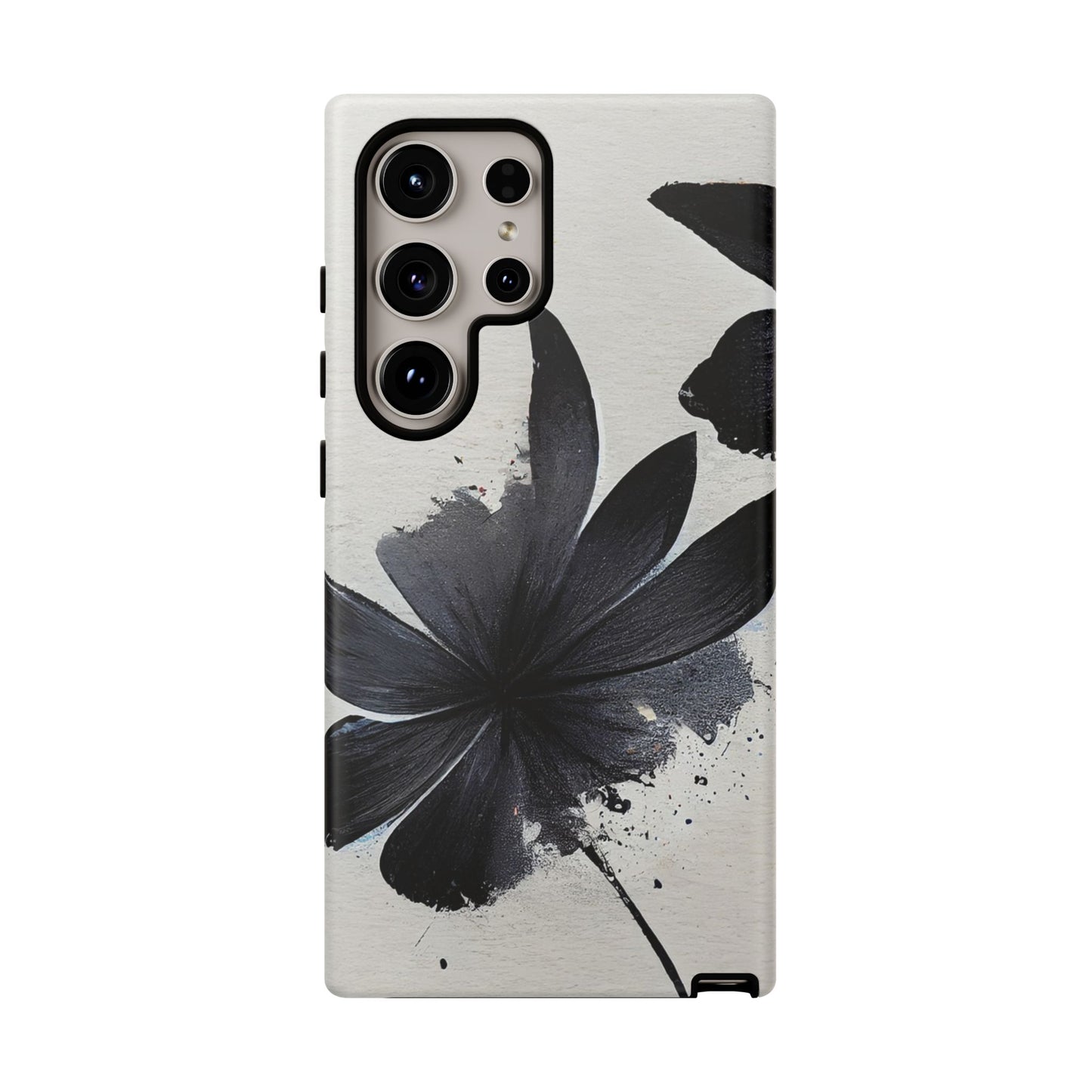 Monochrome Floral Tough Phone Case — Black Ink Flower Protective Cover