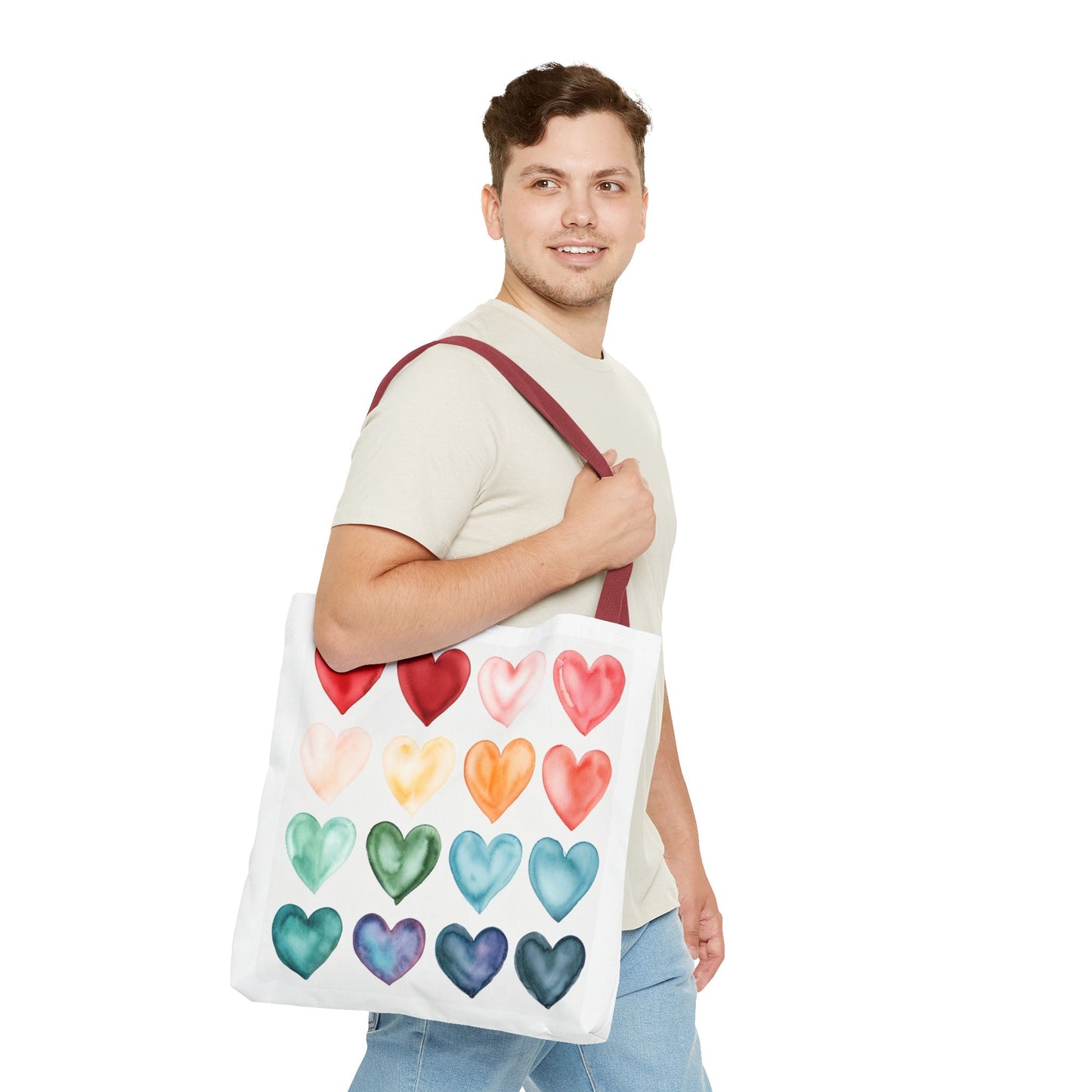Watercolor Rainbow Hearts Tote Bag — Colorful Heart Pattern Beach & Market Tote